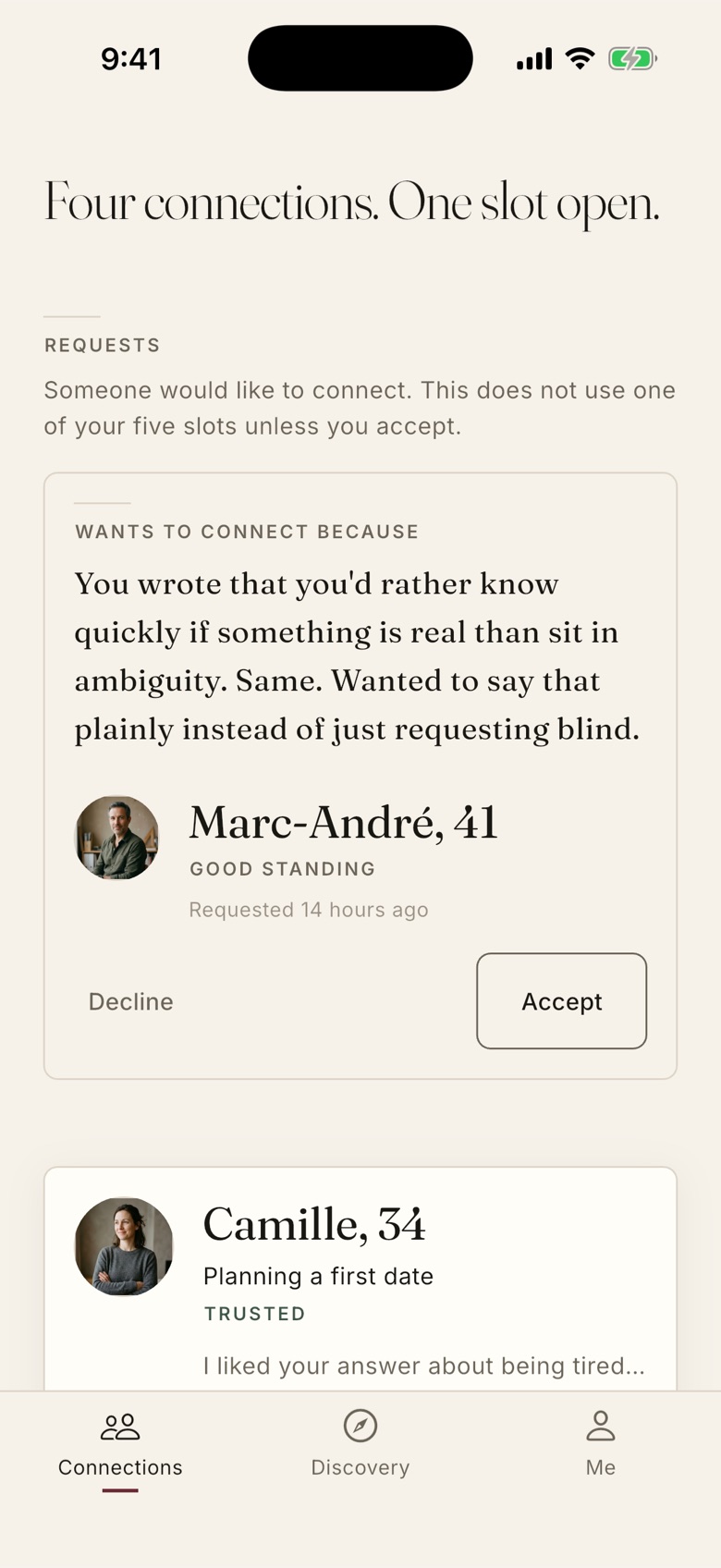 The Connections screen: four connections, one slot open, and an incoming request that shows the words its sender wrote, with Accept and Decline.
