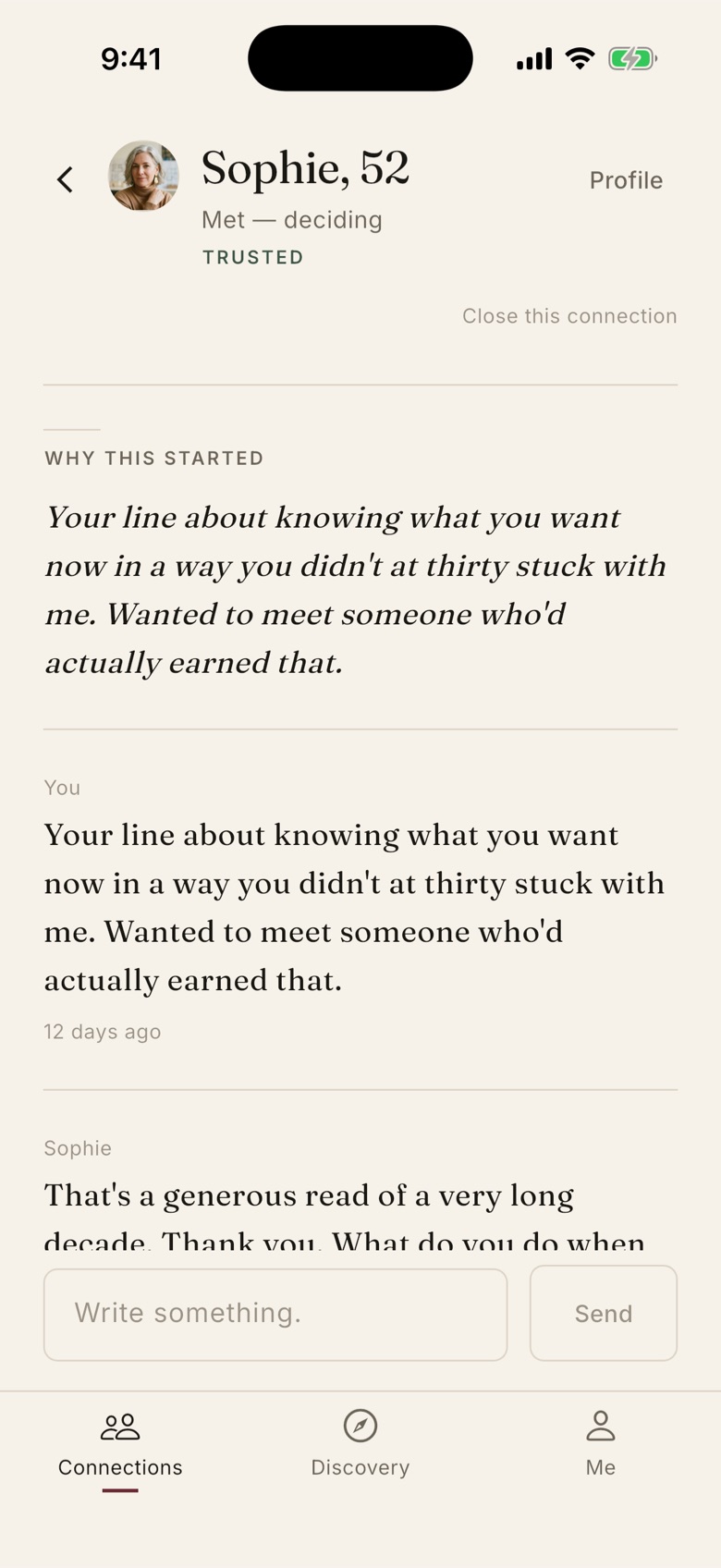 A conversation headed “Why this started,” with messages set in serif type and no chat bubbles.