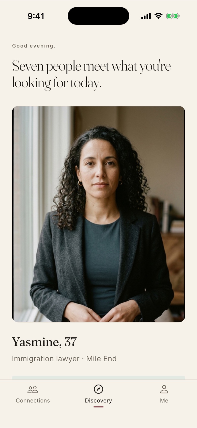 The Discovery screen: “Seven people meet what you’re looking for today,” above a full-width portrait of Yasmine, 37.