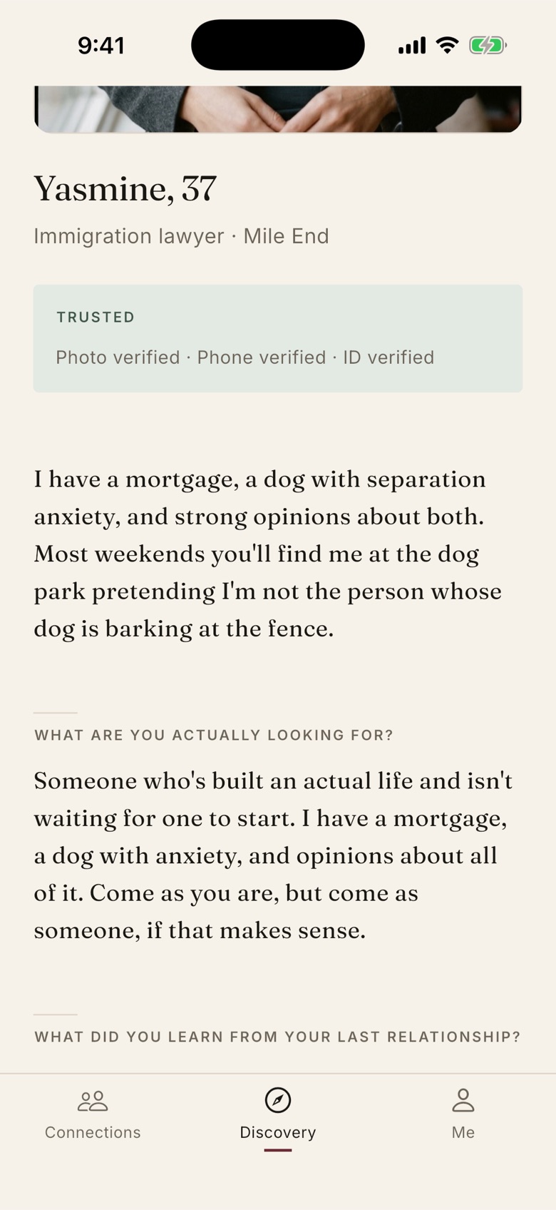 A profile read in full, with a Trusted block showing photo, phone and ID verified, a short bio and prompt answers set in serif.