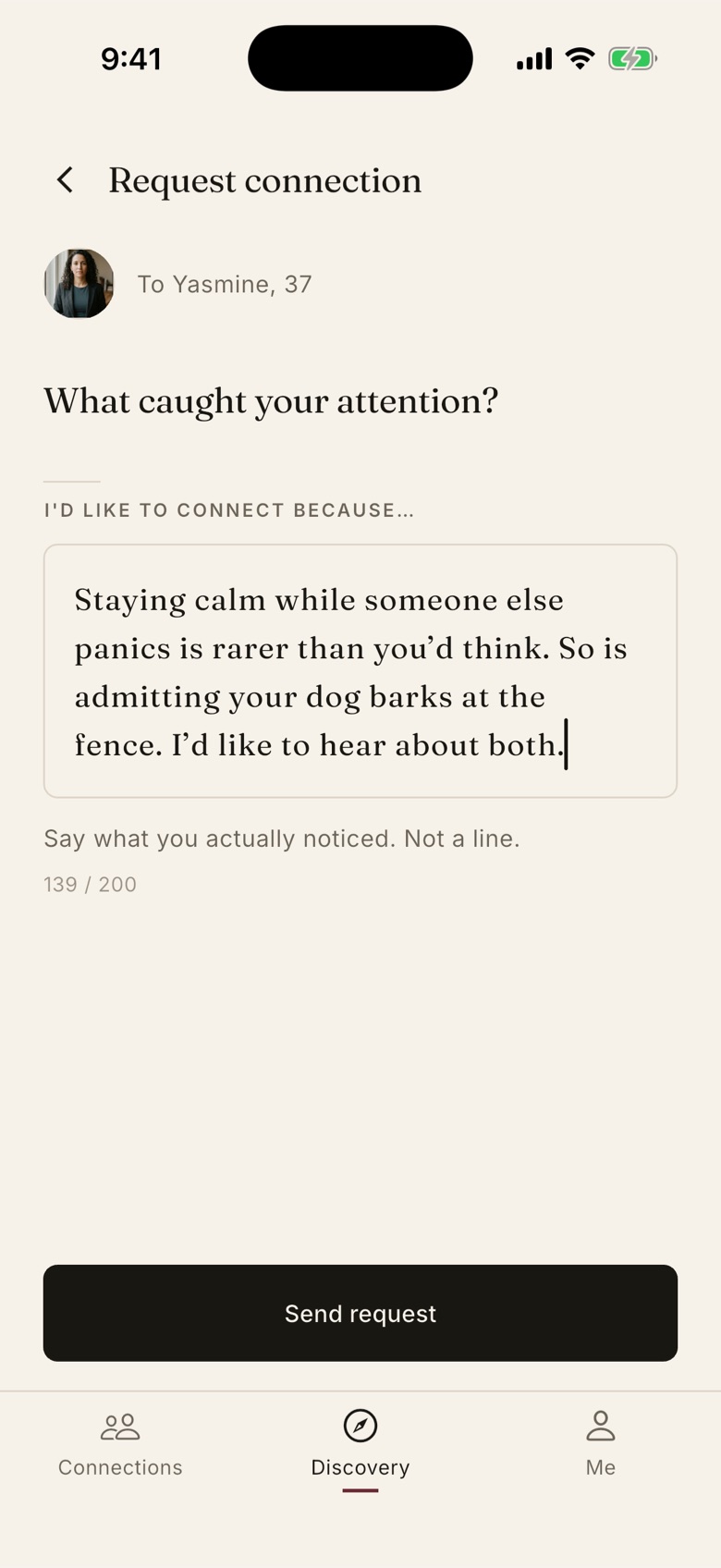 The request screen asking “What caught your attention?” with a written reason, 139 of 200 characters.
