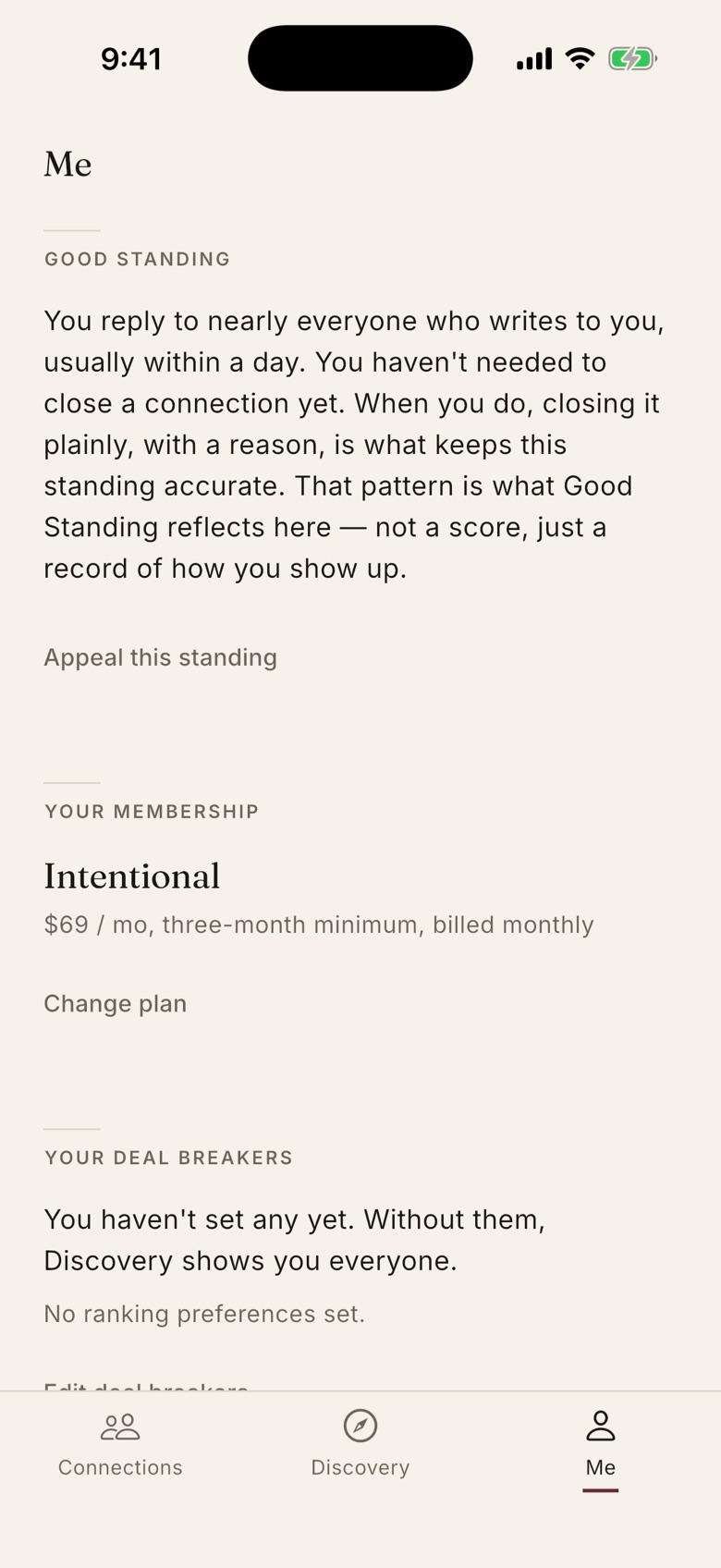 The Me screen: a Good standing label with a plain-language explanation and a link to appeal it.